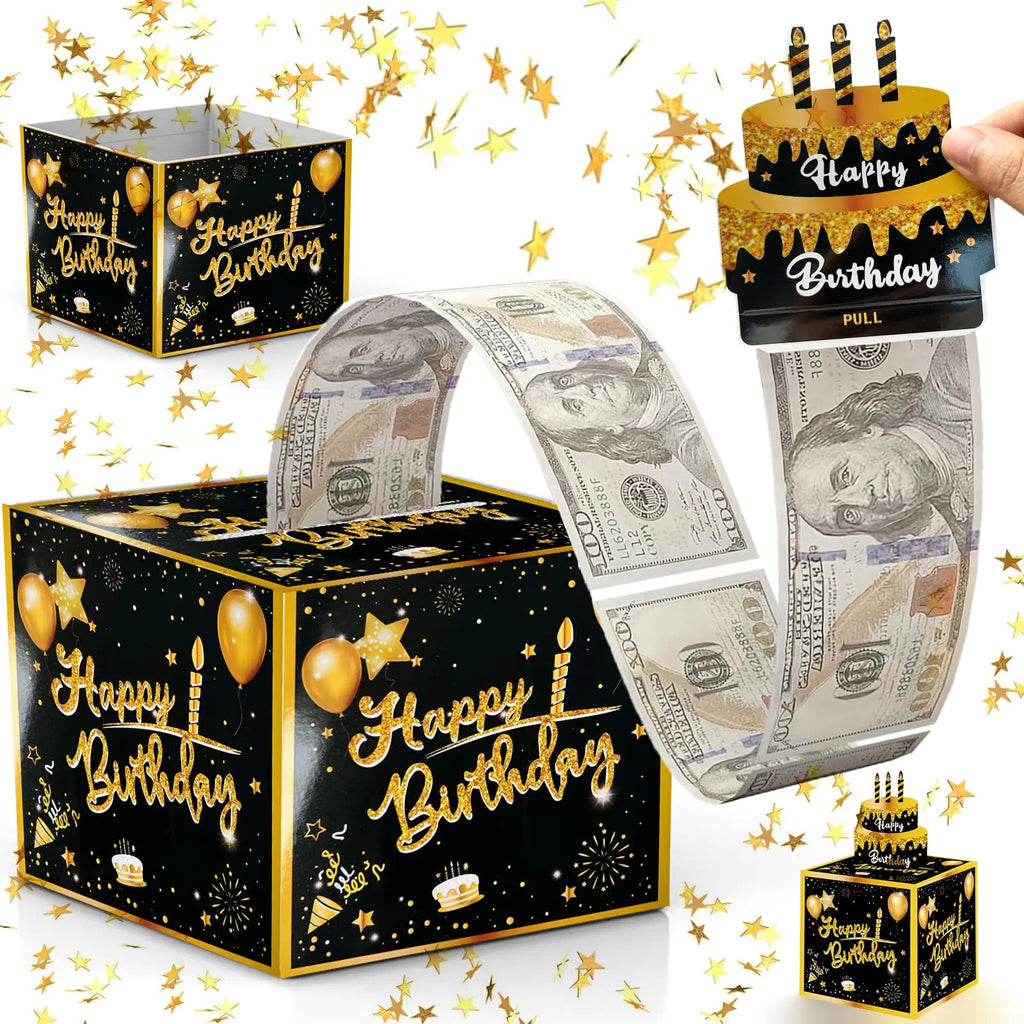 Birthday Money Box for Cash Gift Pull Surprise Money Roll Gift Box with Pull Out Card and 30 Transparent Bags DIY Set Funny Ways to Give Money as Gift for Parents Lovers Friends (Black)