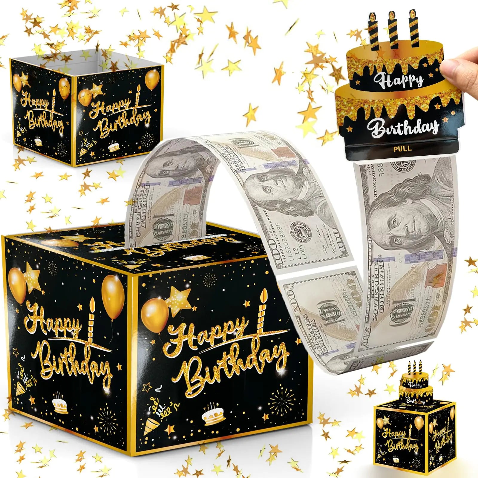 Birthday Money Box for Cash Gift Pull Surprise Money Roll Gift Box with Pull Out Card and 30 Transparent Bags DIY Set Funny Ways to Give Money as Gift for Parents Lovers Friends (Black)