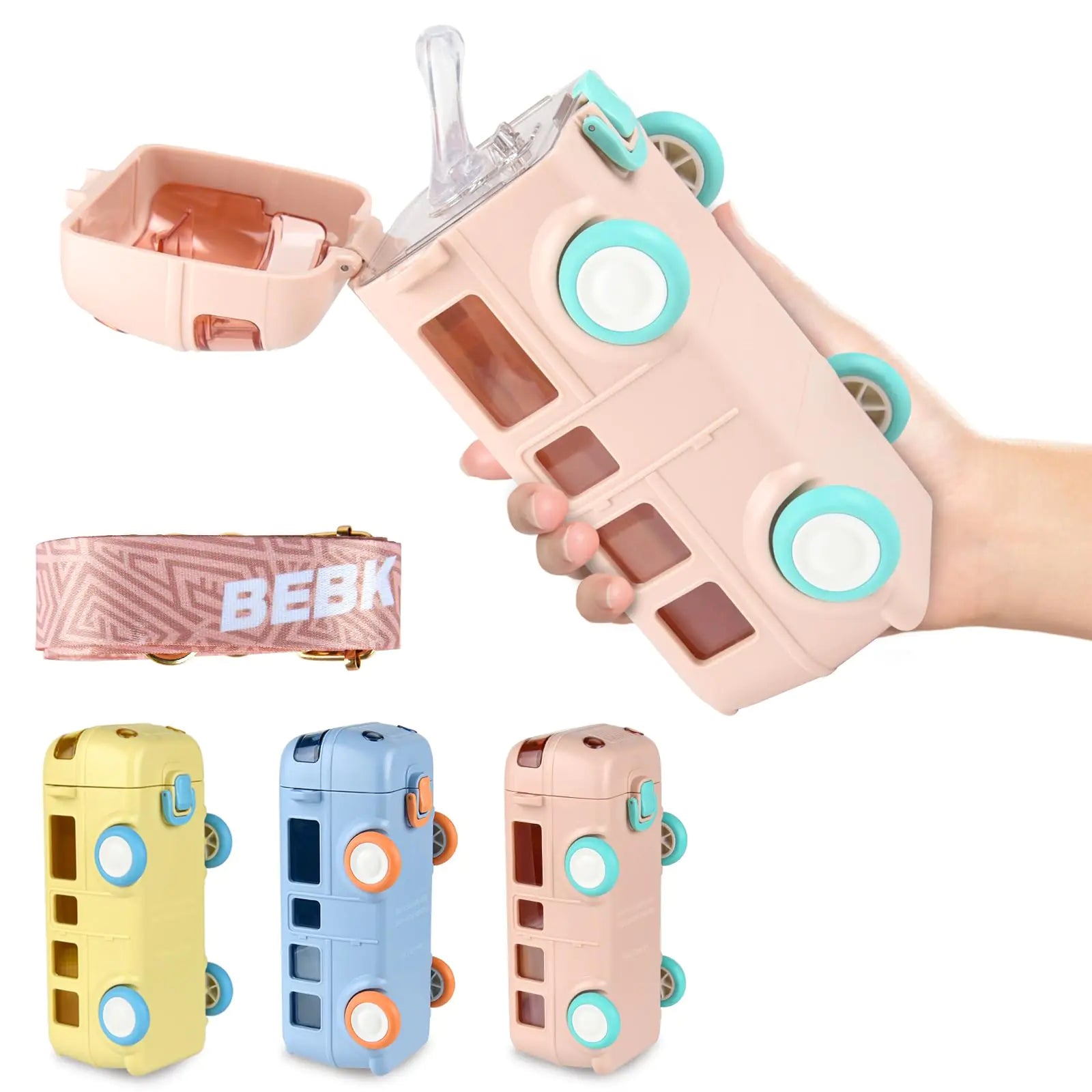 16 oz Kids Water Bottle Toddler Water Bottle with Straw BPA Free & Leak Proof Kids Cups Toddler Toys Bus Water Bottle with Shoulder Strap for School and 3-5 (Pink Bus)