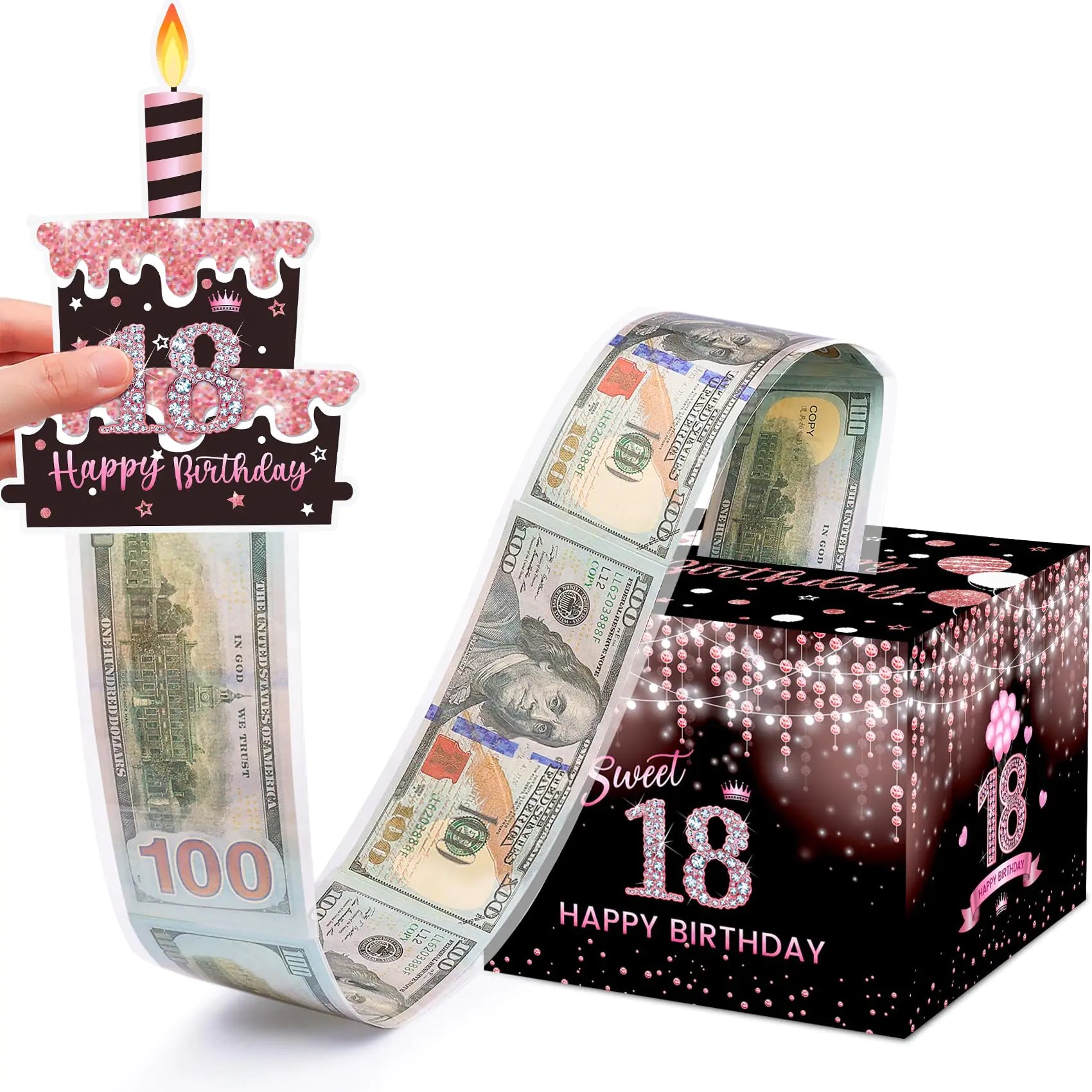 Meiidoshine Sweet 18th Birthday Money Box for Cash Gift Surprise Pull Out Money Gift Box with 100Pcs Transparent Bags - Fun Ways to Give Cash as A 18th Birthday Gift for Girls